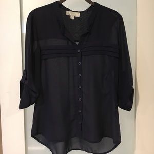 Sheer navy blouse with 3/4 tab sleeve